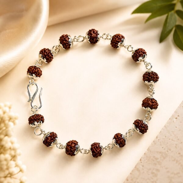 Natural 5 Mukhi Rudraksha Bracelet 8mm with German Silver Cups – Lab Certified Panchmukhi Rudraksha - Image 2